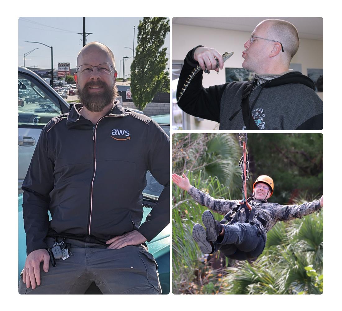 A collage of photos of AWS builder Scott out of the office ziplining and playing with a reptile.