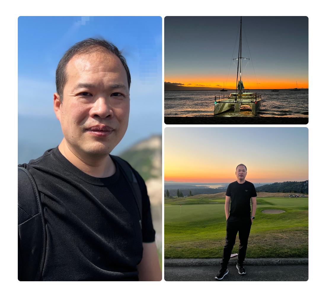 A collage of images of AWS builder Andrew looking at the camera in front of a golf course, and a photo of a catamaran boat on the water.