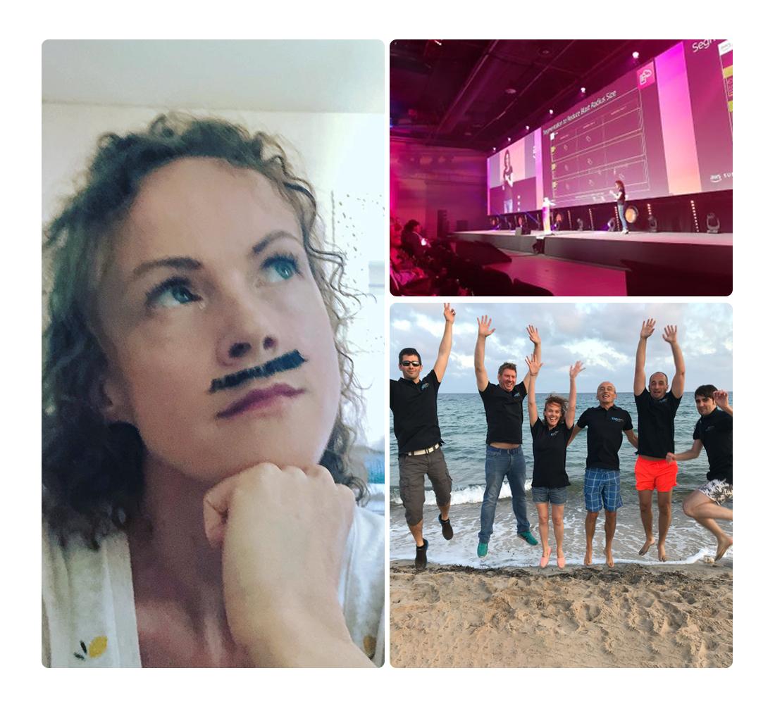 A collage of images of AWS builder Margot at the beach and giving an onstage presentation.