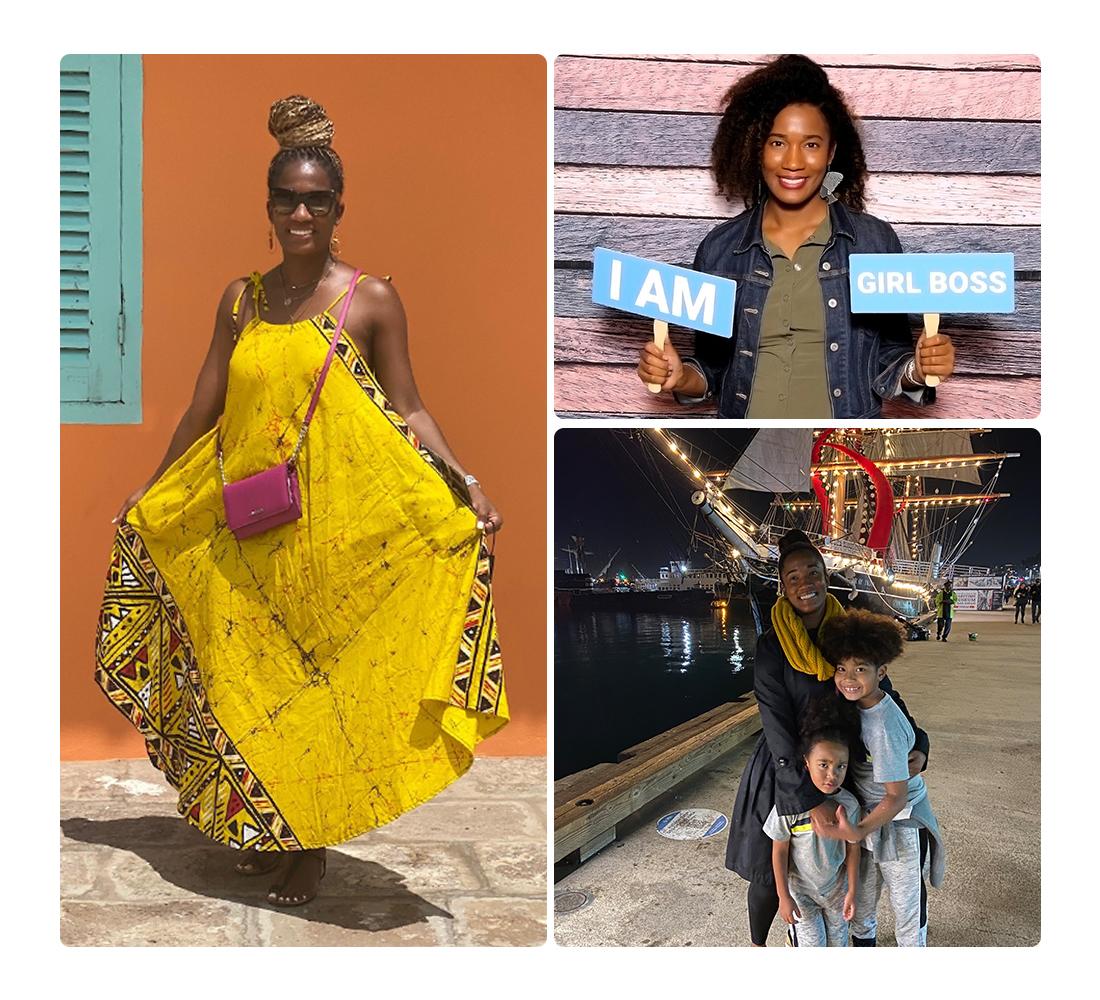A collage of images featuring AWS builder Racquelle wearing a yellow dress, holding a sign saying I am girl boss, and with children in front of a ship.