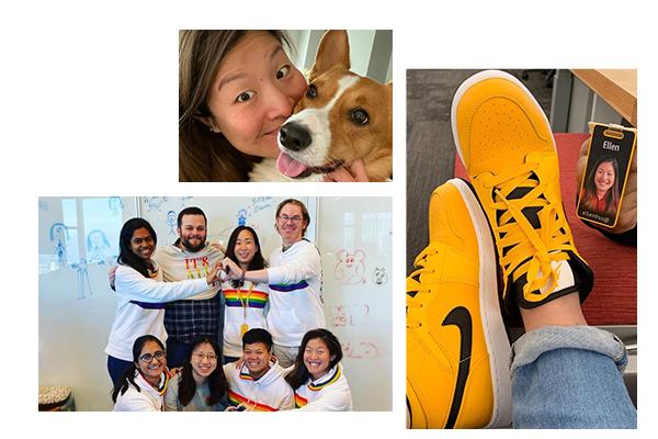 A collage of images featuring AWS employee Ellen and her dog, her sneakers, and a group photo with coworkers.